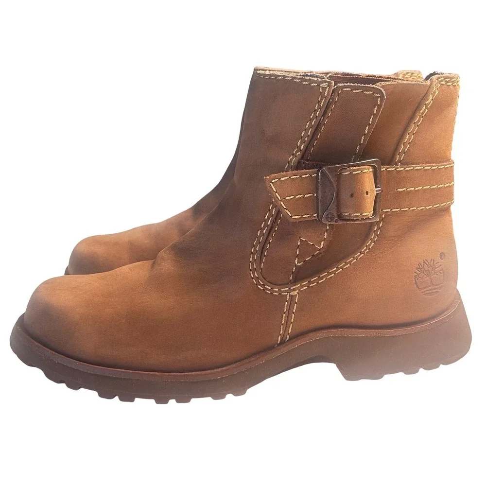 Timberland Leather Ankle Boots Women's Size 7M Buckle Lug Sole Gorpcore Utility